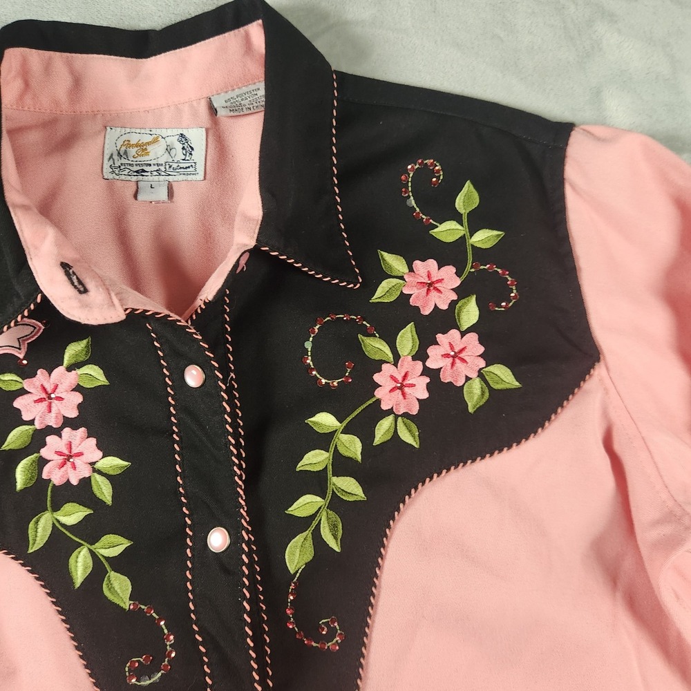 Panhandle Slim Western Shirt Womens L Pink Floral Rose Pearl Snap Cowgirl - Picture 4 of 10